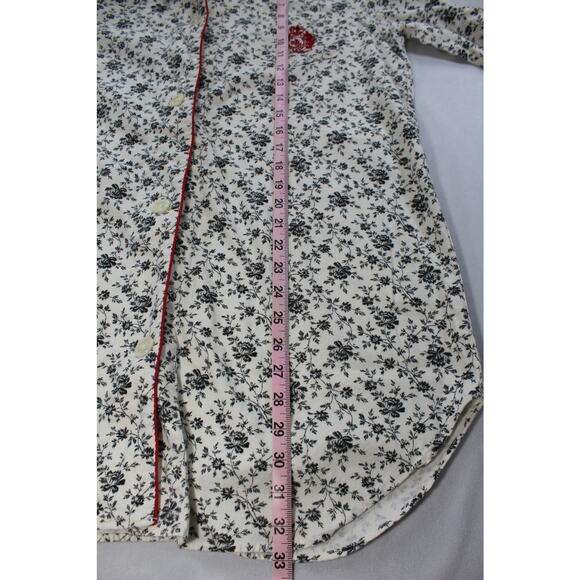 Lauren Ralph Lauren Black Floral White Pajama Shirt L Crest Embroidery Red Trim - Picture 9 of 9